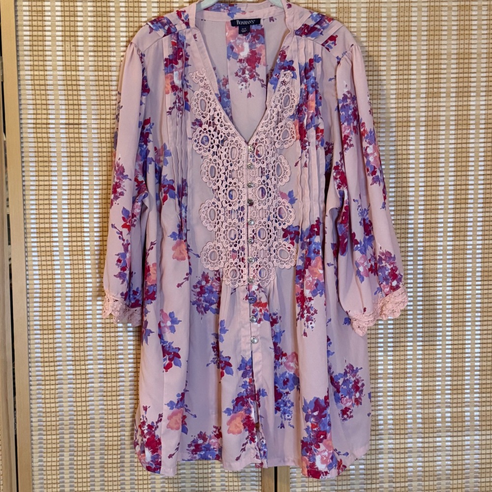 Roamans Pink Floral Crochet Lace Pintuck Tunic Blouse Plus Size 26W Boho Top